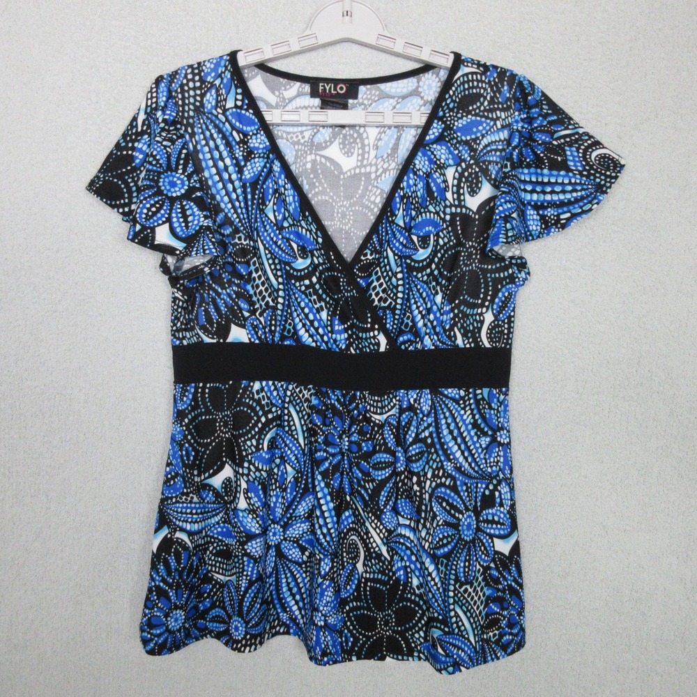 FYLO Short Sleeve Top Shirt V Neck Blue Black Floral Print Womens‎ Large